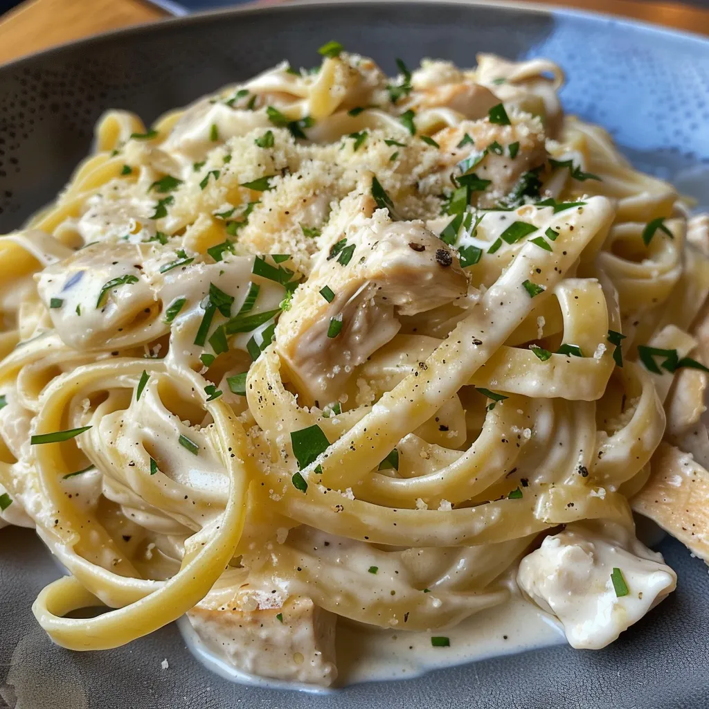 Fettuccine cremoso con pollo, espárragos y queso parmesano, adornado con perejil fresco.