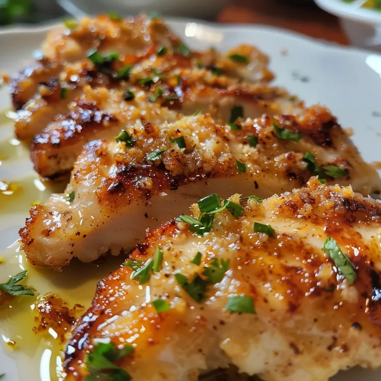 Vista lateral de filetes de pollo con una cremosa salsa blanca y trozos de ajo.