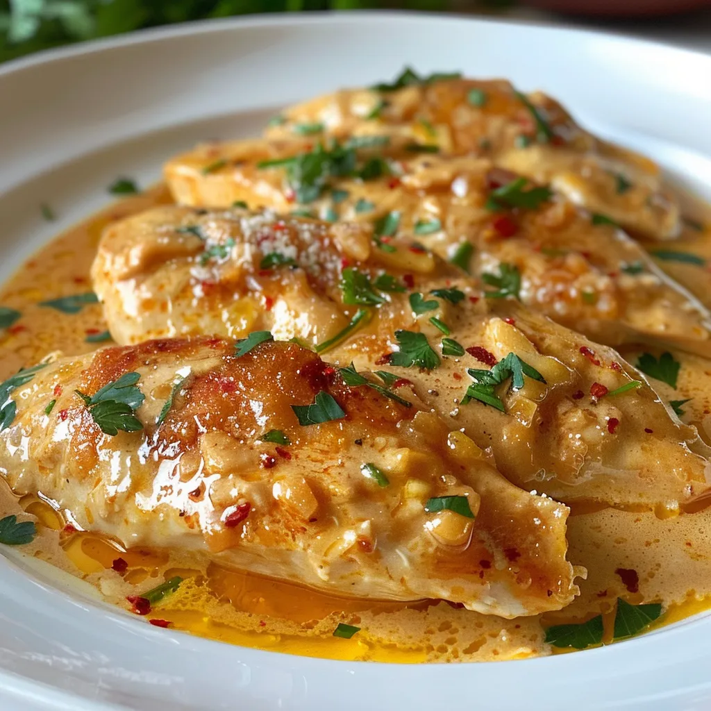 Deliciosa presentación de filetes de pollo en salsa cremosa, resaltando ingredientes frescos.