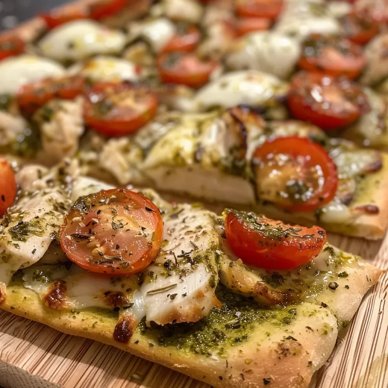 Un delicioso flatbread de pollo y pesto con tomates cherry y mozzarella.