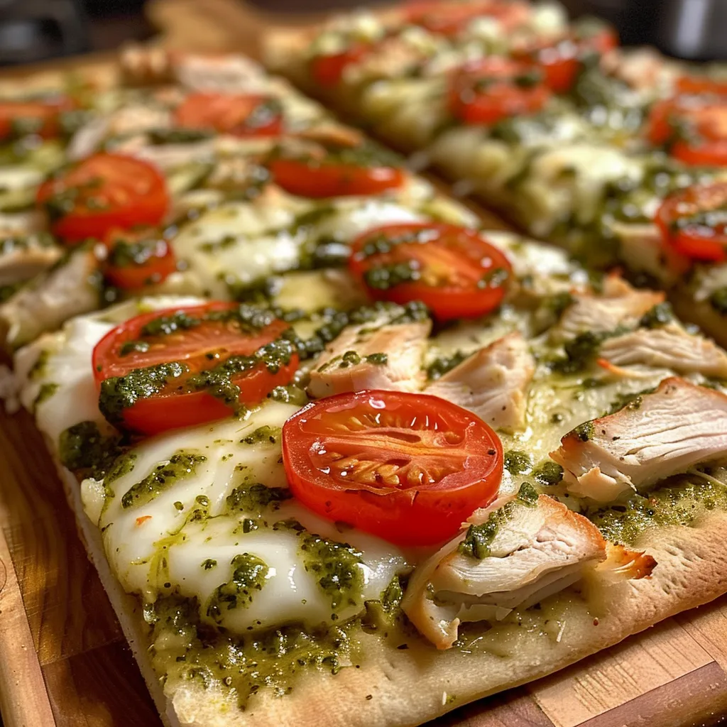 Flatbread crujiente cubierto de pollo, pesto y queso mozzarella.