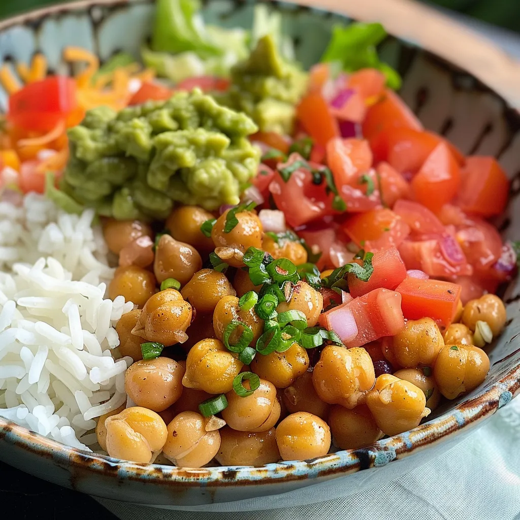 Plato de arroz blanco acompañado de garbanzos dorados y vegetales coloridos.