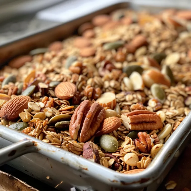 Nahaufnahme von selbstgemachtem Granola mit Nüssen und Samen.