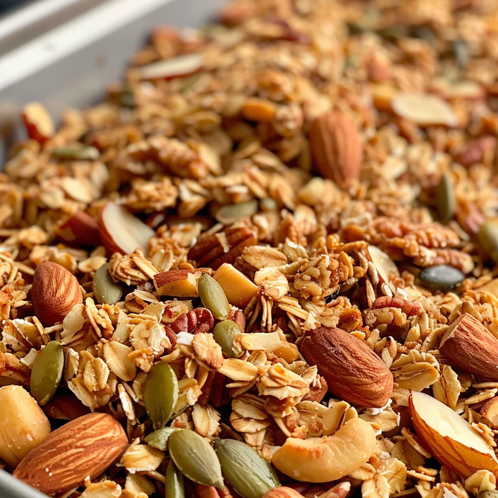 Seitenansicht von knusprigem Granola auf einem Teller.
