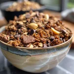 Granola de chocolate y mantequilla de maní, vista lateral, mostrando su textura crujiente.