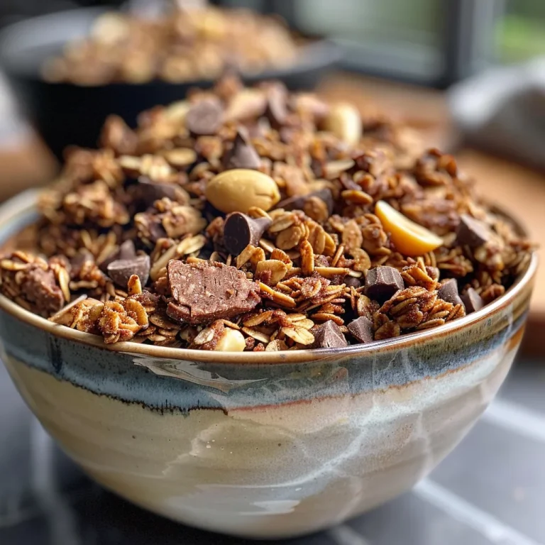 Granola de chocolate y mantequilla de maní, vista lateral, mostrando su textura crujiente.