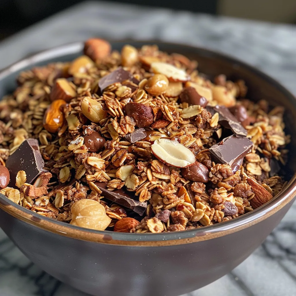 Primer plano de granola de chocolate y cacahuete, con trozos de chocolate visible.