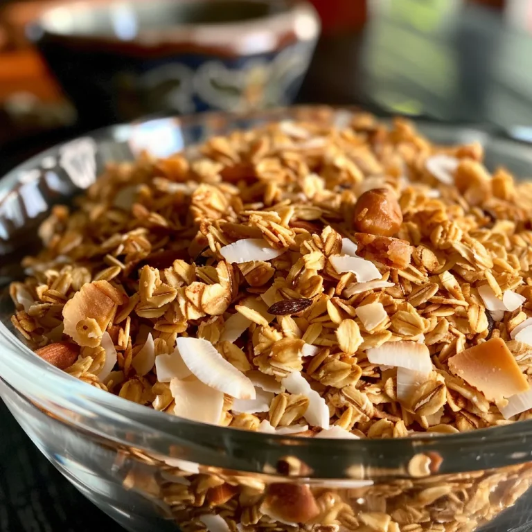 Granola de coco y miel en un tazón, con trozos de coco visibles.