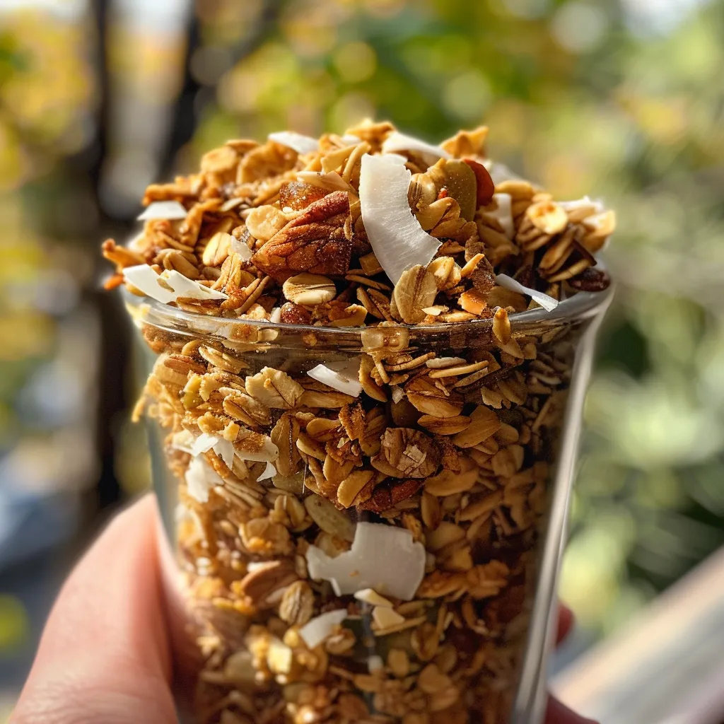 Primer plano de granola con coco y miel, mostrando su textura crujiente.