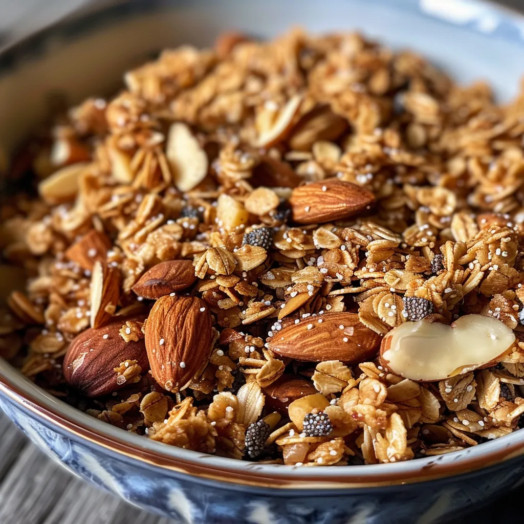 Primer plano de granola crujiente con trozos de almendra y miel.