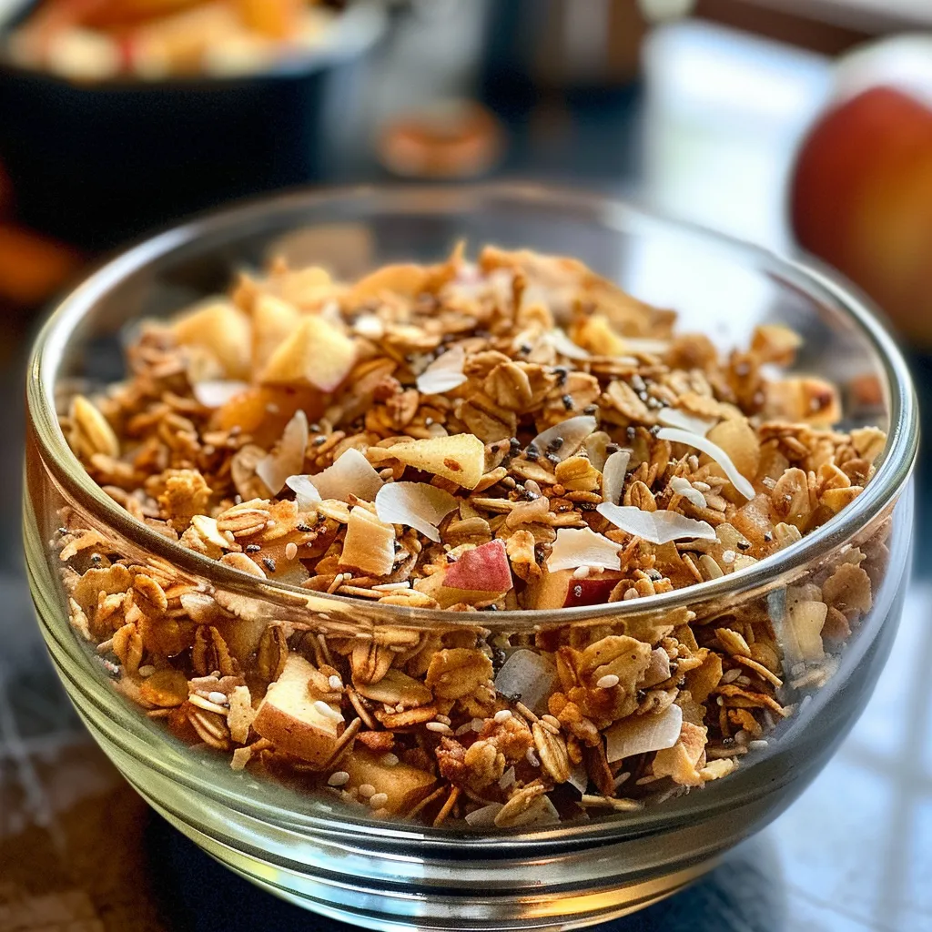 Primer plano de granola crujiente con trozos de manzana.