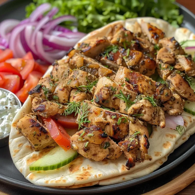 Juicy chicken gyros served in warm pita bread alongside tzatziki sauce and fresh herbs.