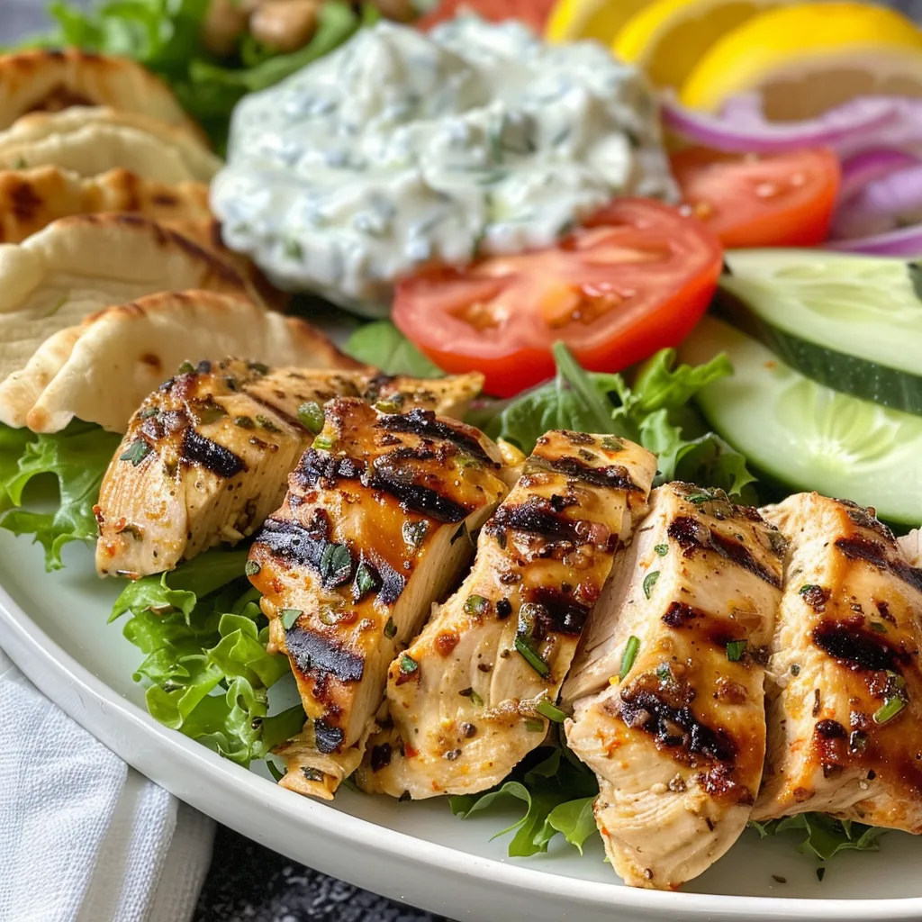 Side view of Greek gyros featuring marinated chicken, vegetables, and a dollop of tzatziki.