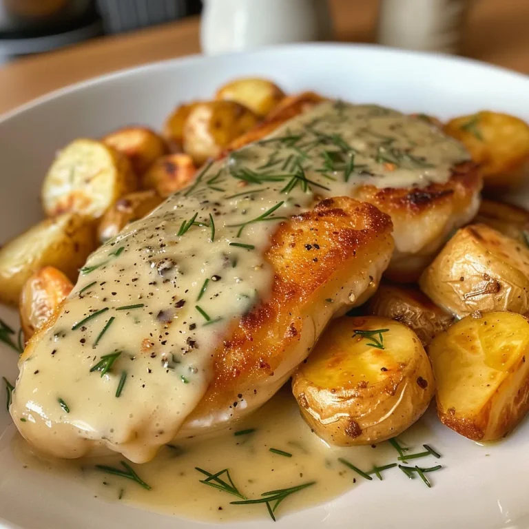 Hähnchen en una rica salsa herbácea, presentado con cubos de papa cocidos.