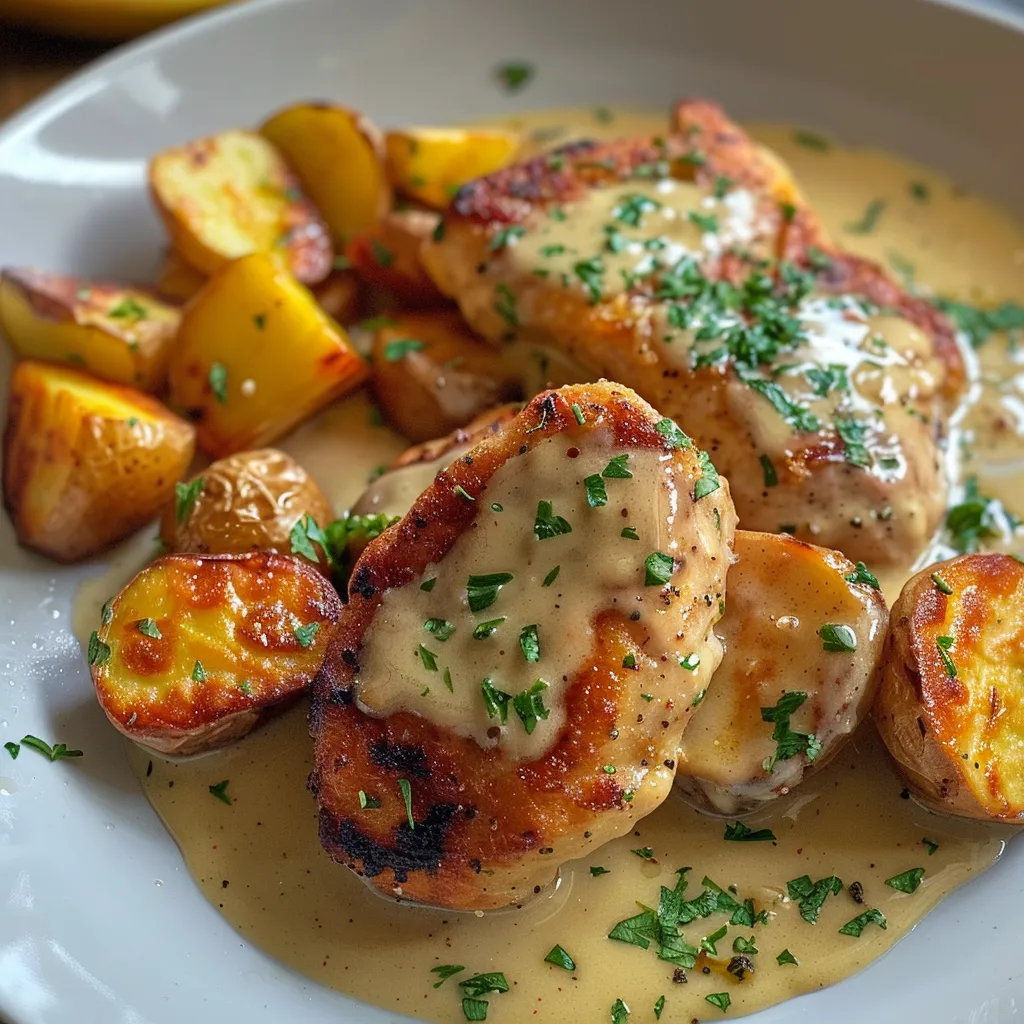 Primer plano de un plato de Hähnchen en salsa de hierbas, con ingredientes frescos visibles.