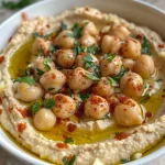 Close-up of creamy homemade hummus with olive oil drizzle.