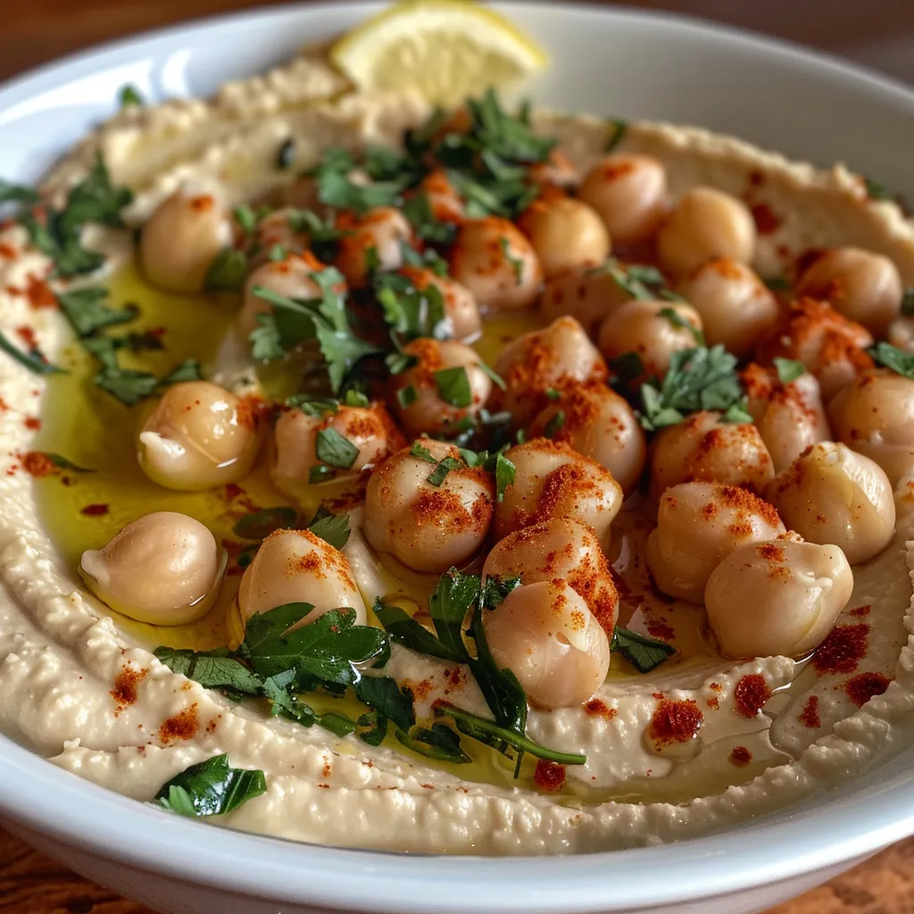 Side view of a vibrant bowl of hummus garnished with paprika and parsley.