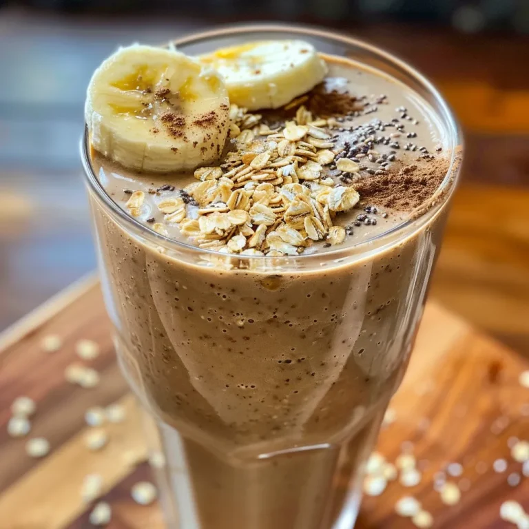 Primer plano de un licuado de plátano con avena en un vaso transparente.