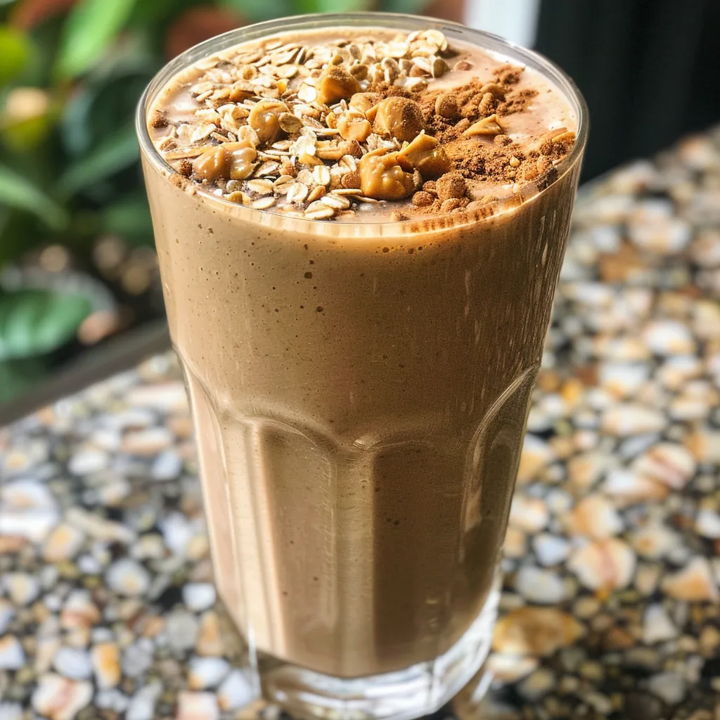Licuado de plátano y avena servido con hielo y decorado con rodajas de plátano.