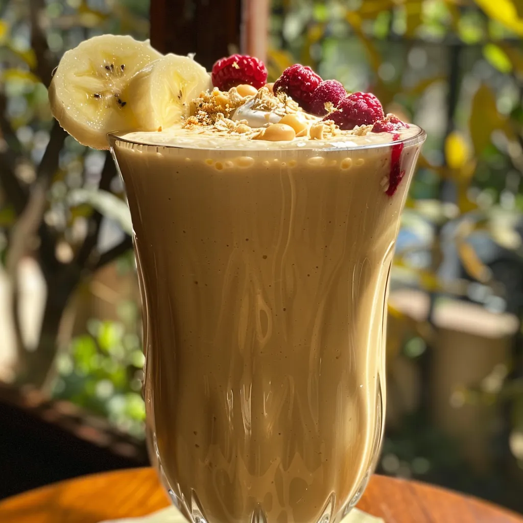 Batido cremoso con ingredientes como mantequilla de maní y semillas de chía.