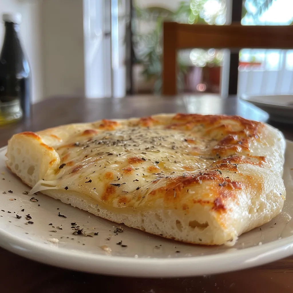 Vista lateral de la masa de pizza integral, bien formada y esponjosa.