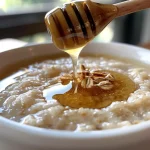 Primer plano de una mascarilla facial de avena y miel en un tazón pequeño.