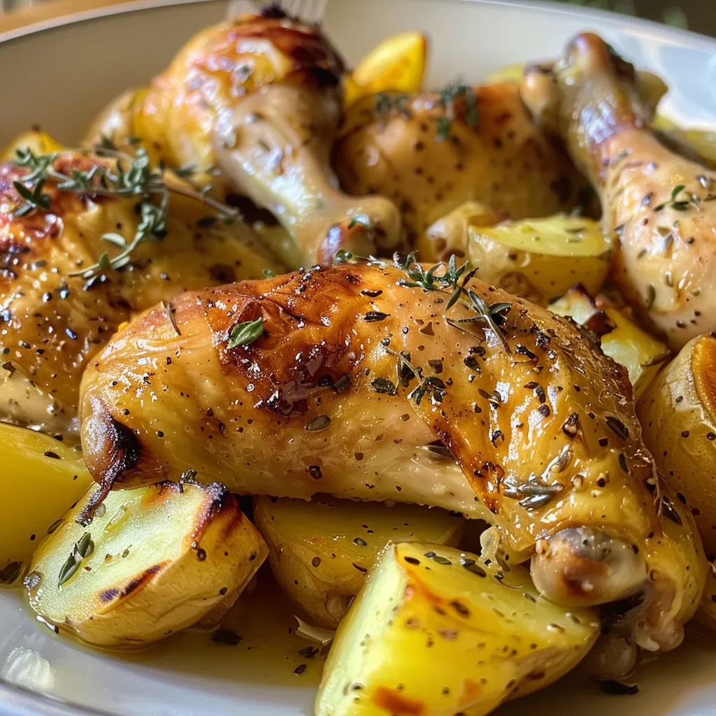 Muslos de pollo al horno acompañados de patatas con hierbas.