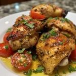 Trocitos jugosos de pollo junto a tomates cherry frescos.