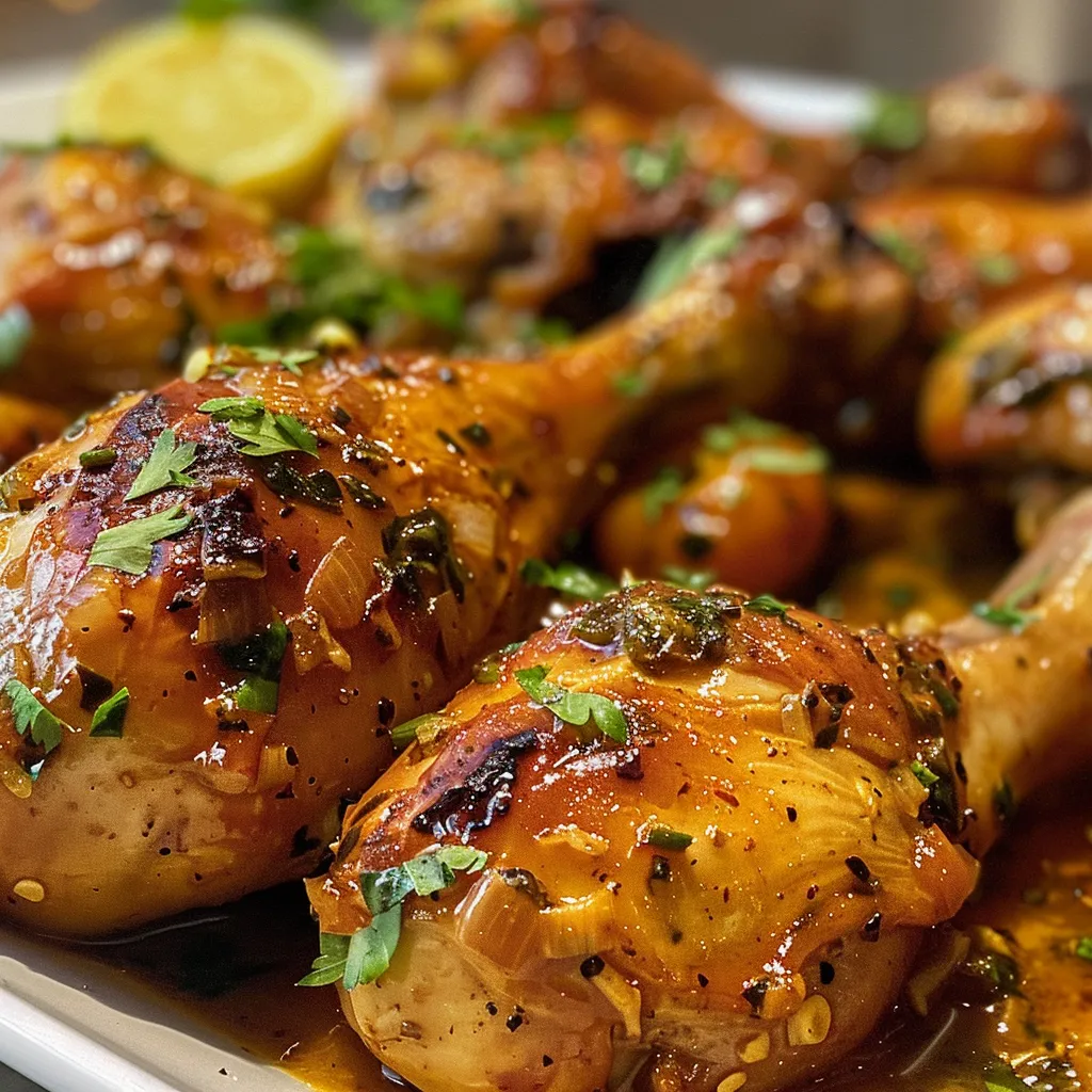 Muslos de pollo asados, rociados con hierbas, en un plato.