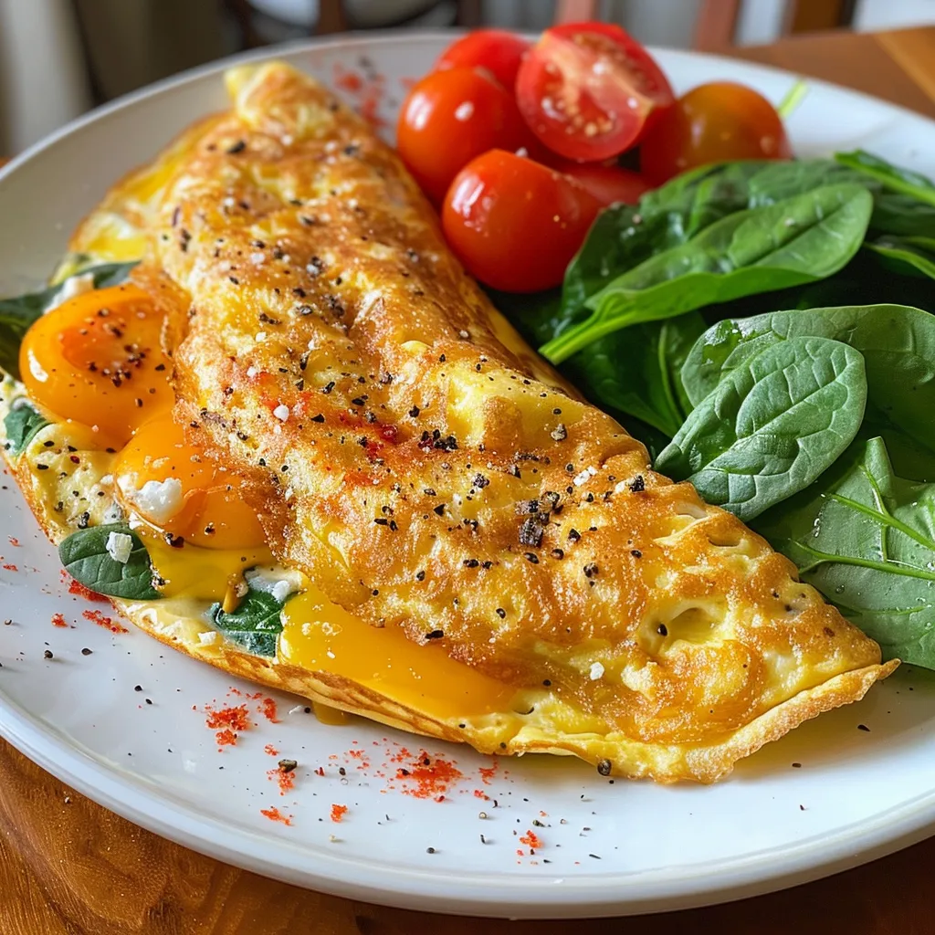 Primer plano de un omelette vegetariano con pimientos y espinacas.