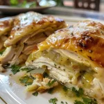 Close-up de un pan árabe con relleno de pollo, resaltando los ingredientes.