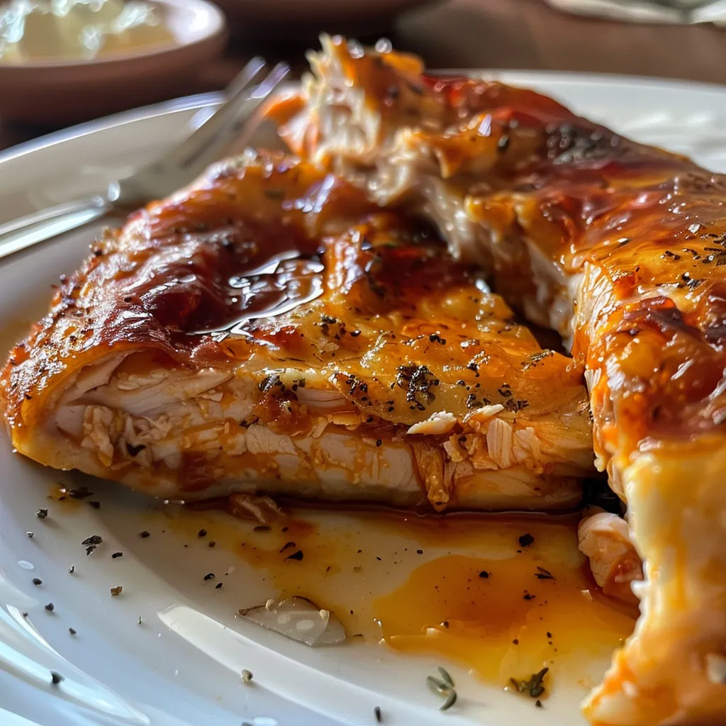 Detalle de un pan árabe relleno de pollo, con lechuga y tomate en el fondo.