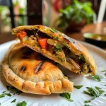 Vista lateral de un pan de pita con pollo, pimientos y calabacín.