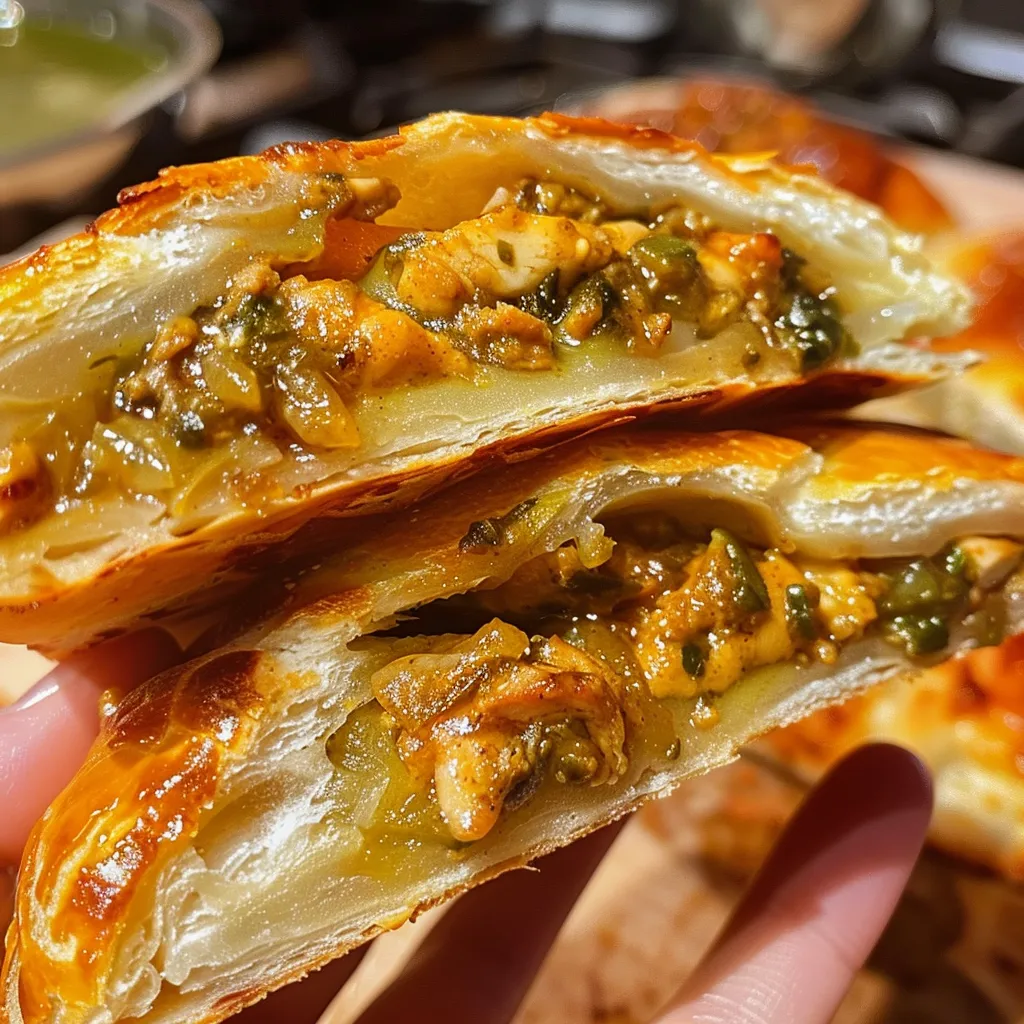 Detalle de pan de pita relleno de pollo con especias y vegetales.