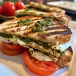 Panini relleno de pollo, pesto, mozzarella y tomates.