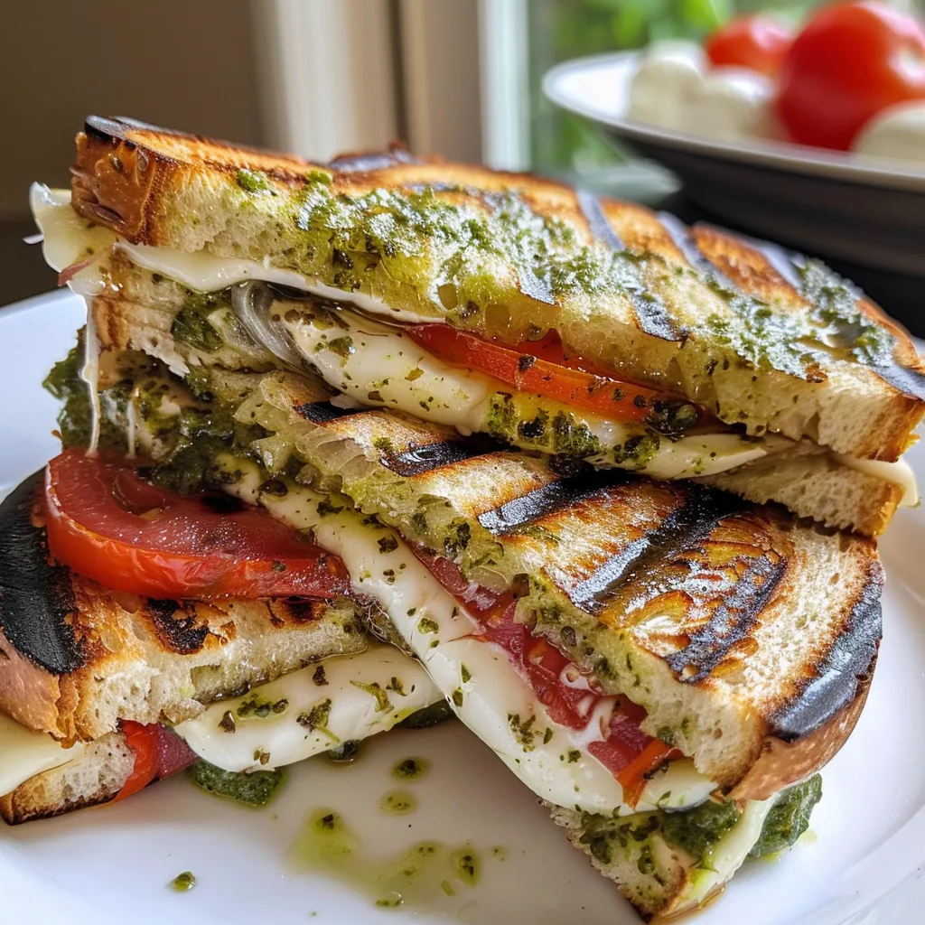 Primer plano de un delicioso Panini de Pollo Pesto.