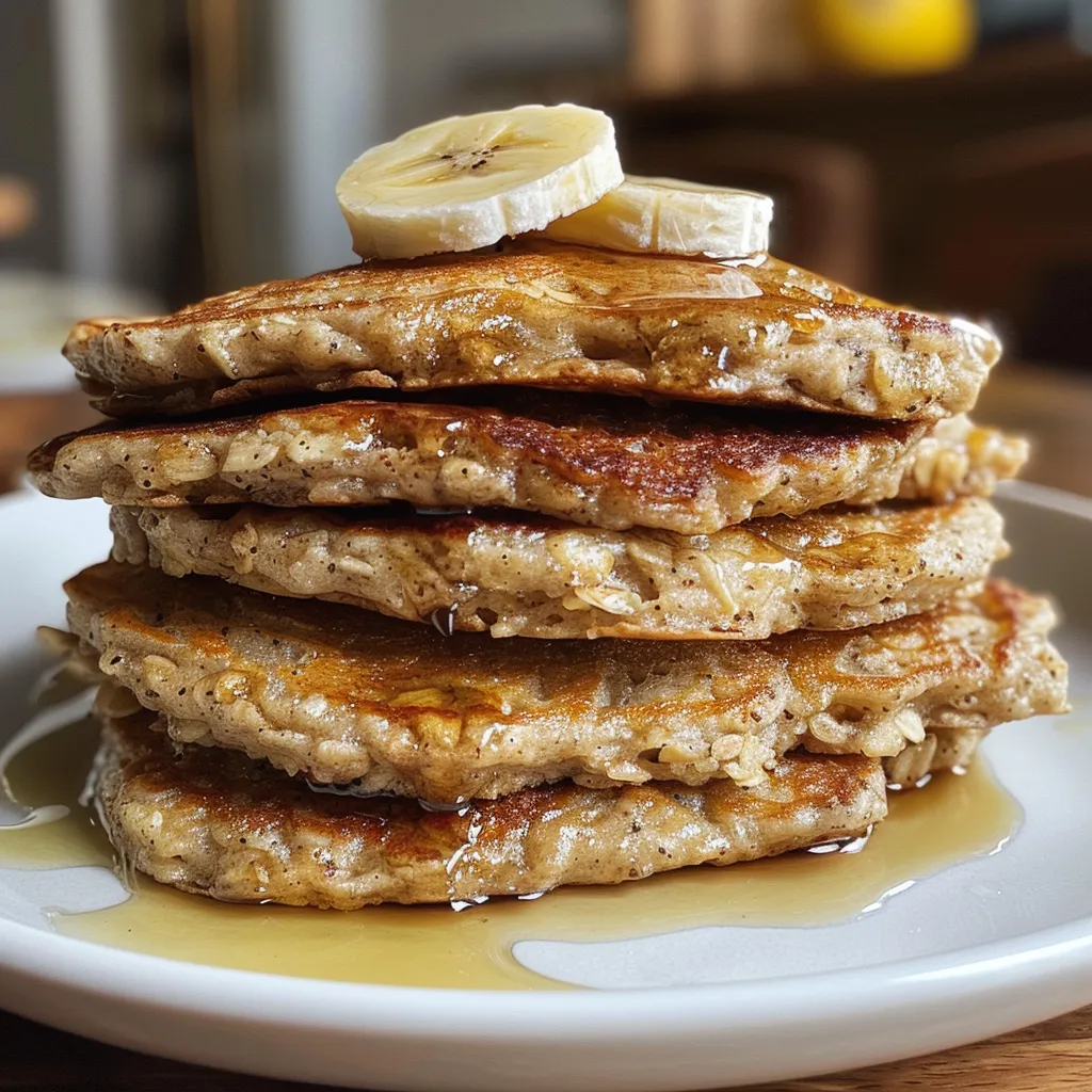 Panqueques de avena y plátano apilados, resaltando su textura jugosa.