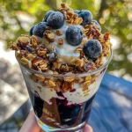 Parfait de arándanos con capas de yogur, arándanos y granola en un vaso.
