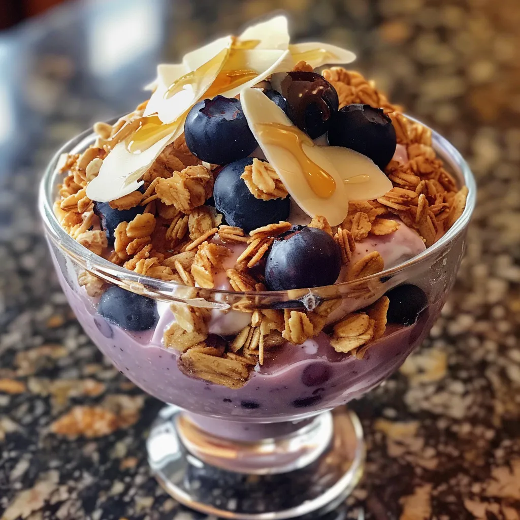 Primer plano de un parfait de arándanos con ingredientes visibles y colores vibrantes.