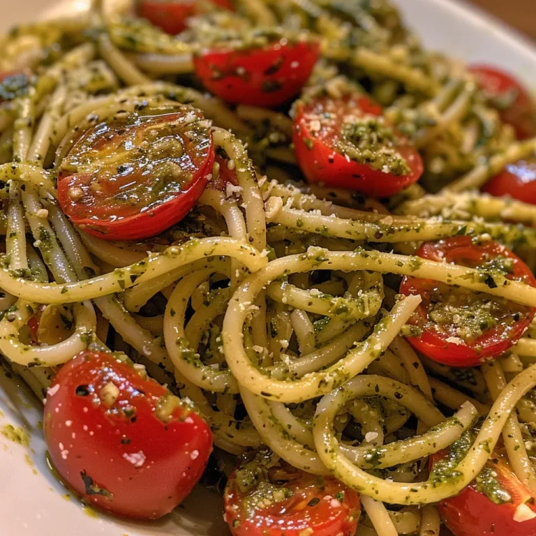 Platería de pasta al pesto con tomates cherry frescos.