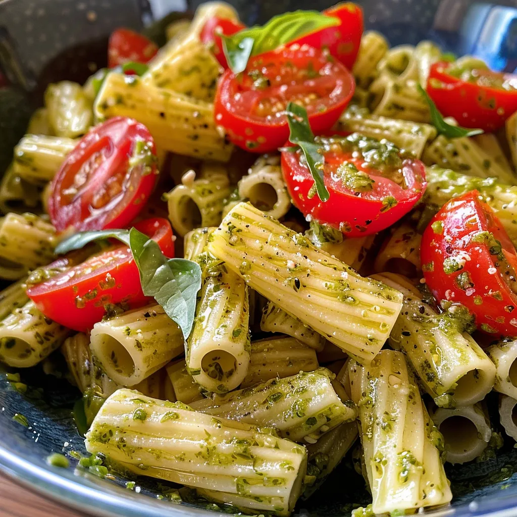 Primer plano de pasta con salsa pesto y tomates cherry jugosos.