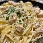 Primer plano de un plato de pasta Alfredo con pollo, con salsa cremosa y trozos de pollo.
