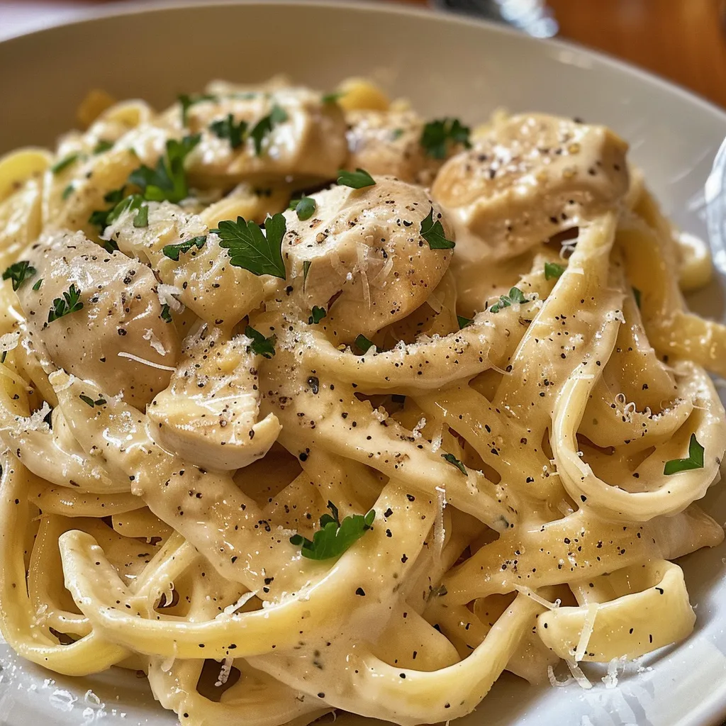Vista lateral de un tazón de pasta fettuccine Alfredo, decorado con perejil fresco.