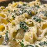 Un primer plano de pasta con espinacas cremosas, con salsa brillante y trozos de espinaca.