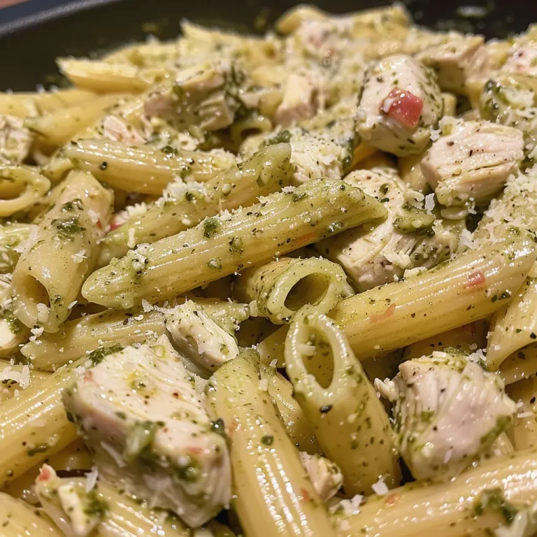 Primer plano de pasta con pollo cremoso y pesto en un plato blanco.
