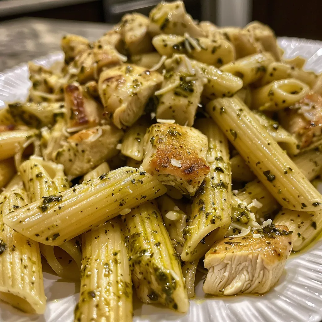 Porción de penne con pollo y salsa de pesto, decorada con espinacas.