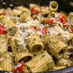 Un plato de pasta con pesto y verduras asadas, tomando un enfoque lateral.