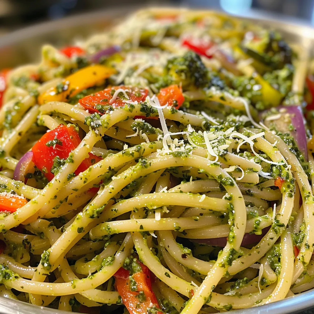Pasta con pesto y verduras asadas, vista de cerca, resaltando los colores y texturas.