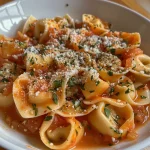 Primer plano de un plato de pasta con tomate deshidratado.