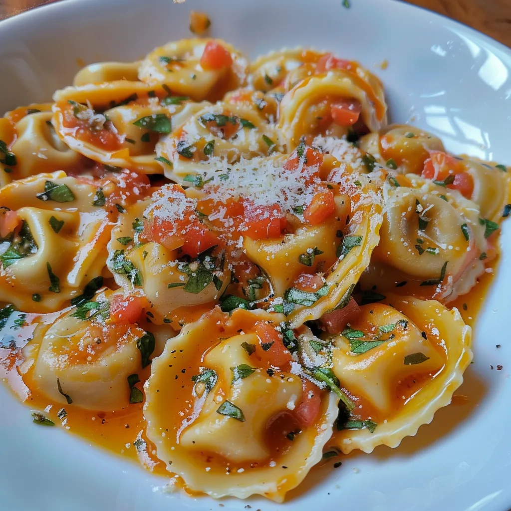 Ravioli con crema y espinacas, decorados con tomates secos.